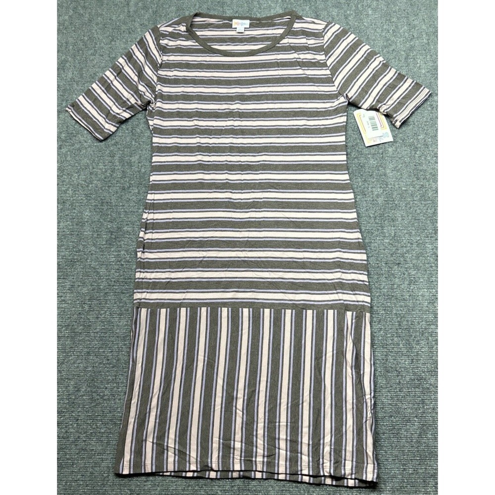 LulaRoe Julia Dress Womens L Multicolor Striped Round Neck Short Sleeve New